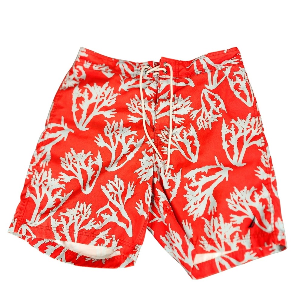 Nautica Swim Trunks sz M Men Hawaiian Aloha Red White Floral Coral Tropical 32x7